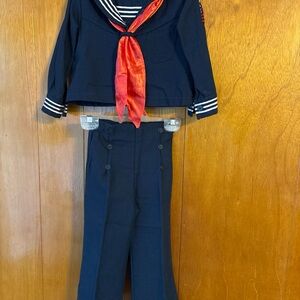 Vintage Sailor Suit 4T Top and Pants with Tie Navy Blue White Stripes Nautical